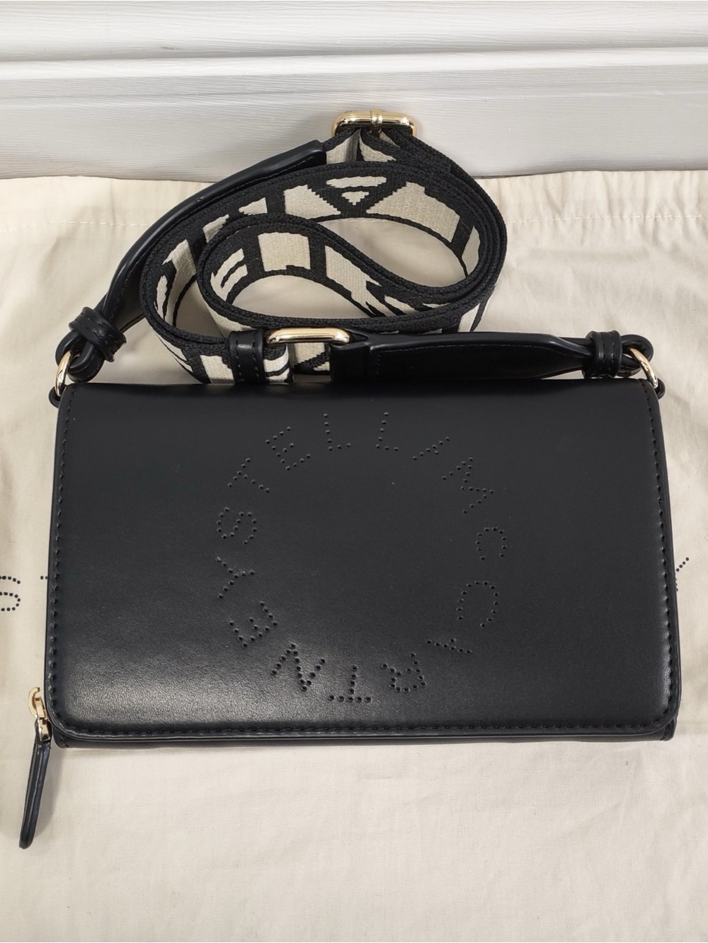Stella McCartney Black Crossbody with Cream & Black Woven Strap